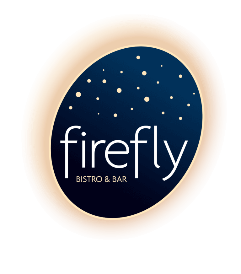 Firefly Bistro logo, white text on dark blue circle with orange firefly lights
